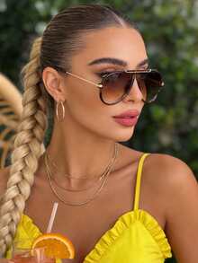 1pc Oversized Single Bridge Pilot Frame Fashion Glasses , European And American Style Retro Square , Suitable For Summer Beach, Street Fashion, All Seasons - Gradient Brown - View 3
