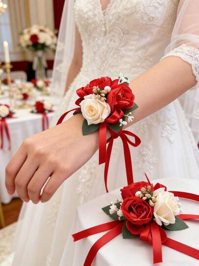 1pc/6pcs Artificial Silk Rose Flower Bride Wrist Corsage Bridesmaid Sister Women Hand Flowerwedding Flowers Cup Gift Table Party Deocration