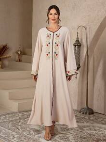 1 Piece Women's Muslim Floral Embroidery Kaftan Abaya Dress Modest Caftan Arabic Long Dress Spring - Apricot - View 14