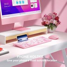 Retro Wireless Keyboard With Round Keycaps, 2.4GHz Full-Size USB Cute Wireless Keyboard Mouse For Computer, Desktop, Laptop And Computer (Pink-Colorful) - 粉紅色系 - 查看 4