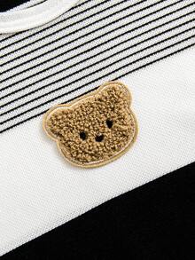 2件套新生男宝宝夏季刺绣小熊条纹纯色华夫格连体衣套装 - 杏色 - 查看 6