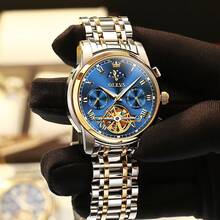 OLEVS Couple Watches For Men And Women Self Winding Fashion Stainless Steel Waterproof His And Hers Watch For Valentines Anniversary Wedding Romantic Chrismas Gifts, Luxury Watches Set Of 2 - 金藍色 - 查看 2