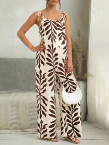 Maternity Tropical Plant Print Wide Leg Jumpsuit, Suitable For Vacation And Summer Wear (YY1159) - Brown - View 9
