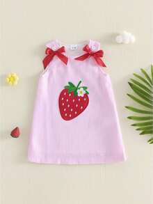 Toddler Little Girls Dresses Strawberry Casual Sundress Striped Bow Sleeveless Pink Tank Summer Dress - 粉色 - 查看 1