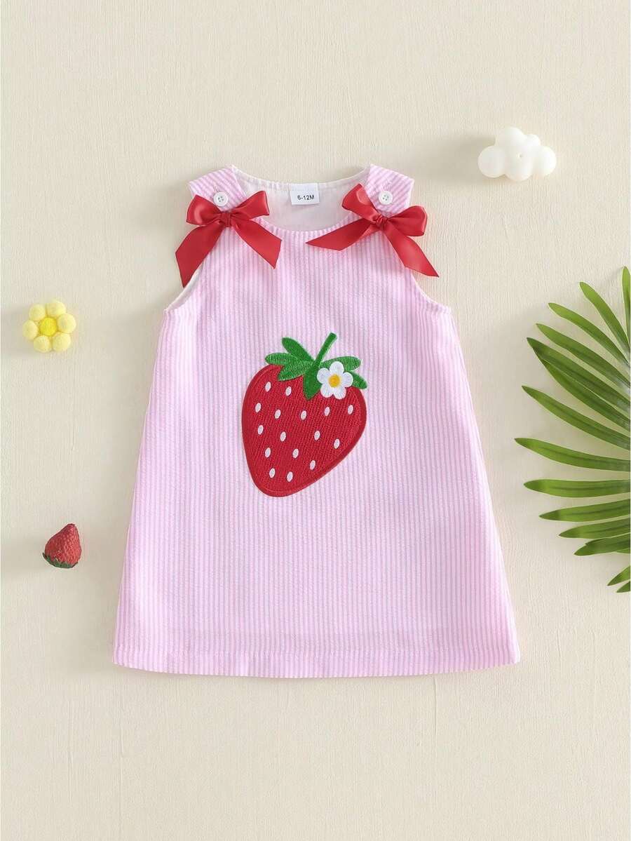 Toddler Little Girls Dresses Strawberry Casual Sundress Striped Bow Sleeveless Pink Tank Summer Dress - 粉色 - 查看 1