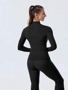 Women's Slim Fit High Stretch Activewear Jacket Zip Up Stand Collar Gold Zipper Thumb Hole Sports Top For Gym Workout And Daily Wear - 黑/金 - 查看 5