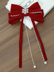 1件装女士时尚雪花蝴蝶结珍珠发夹红色后脑勺绑带流苏弹簧夹半扎发发夹发饰头饰 - 彩色 - 查看 7