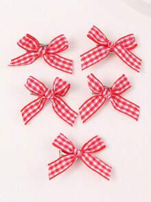 5pcs Gingham Bow Small Hair Clips, Fresh Style Mini Duck Clips For Girls - Red - View 4