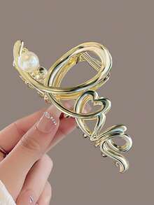 1Pc Heart-Shaped Hollow Hair Claw With Pearl And "Love" Letter Accents​, A Chic, Minimalist And Elegant Hair Accessory Perfect For Valentine's Day, Daily Wear, Parties, And New Year Celebrations - Multicolor - View 5