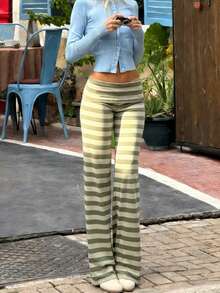 Striped Long Pants For Women Fold Over Low Rise Straight Leg Sweatpants Y2k Stretchy Loose Wide Leg Pants Lounge Leggings - Xanh nhạt - Xem 3