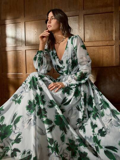 Faeriesty Elegant V-Neck Dress With Intricate Floral Leaf Print, Romantic Puff Sleeves And Flowing Silhouette, Suitable For Wedding Guest, Bridal Photoshoot, Garden Party, Anniversary And Romantic Photoshoot