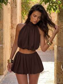 Women's Fashionable Brown Camisole Two Pieces Set, Cropped Top Paired With Mini Skirt, Sexy Summer Party Street Style - Coffee Brown - View 3