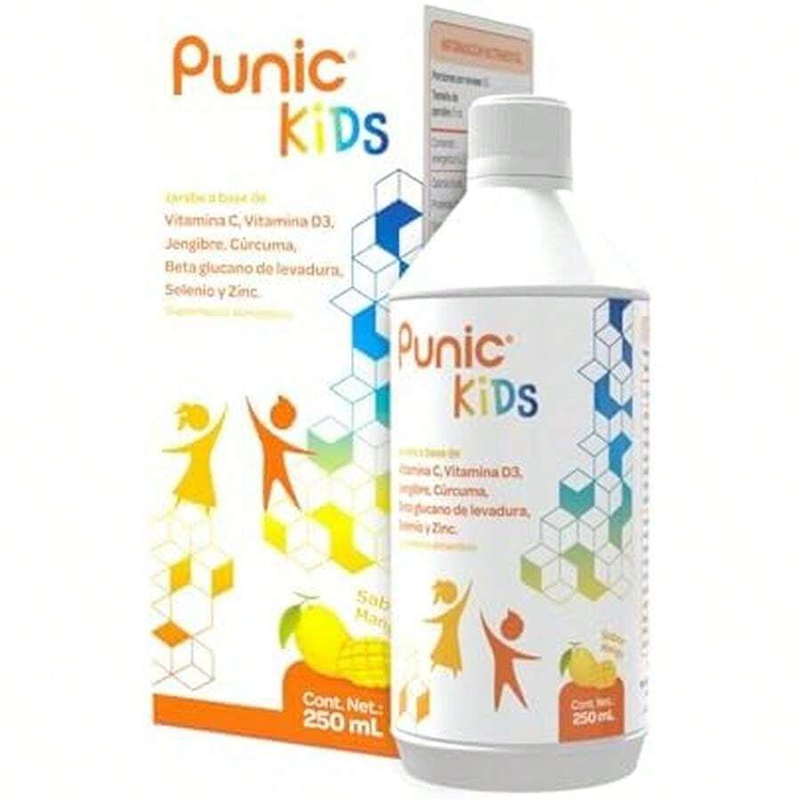Punic Kids Jarabe Infantil 250ml Vitamina C + Vitamina D3 + Jengibre + Curcuma + Selenio + Zinc | Ingredientes 100% naturales | Delicioso sabor a mango para niños - / - Ver 1