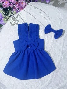 1pc Pet Dress With Hair Clip & Leash Ring, Lightweight Corduroy Ruffle Sleeve Bow Strap Dress, Suitable For Small Dogs, Suggest Ordering One Size Up - Multicolor - View 5