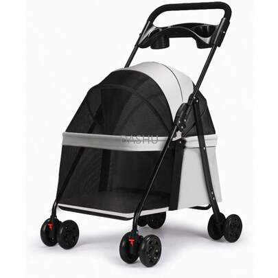 Lightweight Foldable Pet Stroller for Small & Medium Dogs/Cats, 4-Wheel Carrier with Storage Basket & Cup Holder for Outdoor Travel (Gray)