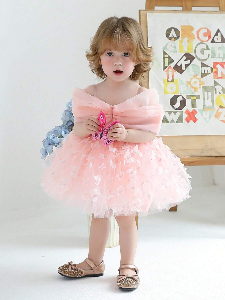 Baby Girls' Elegant Butterfly Applique Party Dress, Princess Dress Suitable For 1st Birthday Party, Wedding, Easter, Important Occasions - Pink - View 1