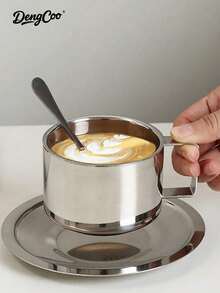 Dengcoo 3 PiecesCoffee Cup Set, Milanese Style Coffee Cup Set, Stainless Steel Coffee Cup With Saucer And Spoon, Ins Style Mug, Tea Cup, Espresso Cup, Pour Over Coffee Cup, Suitable For Holiday Gifts, Home And Back To School Season - Cup - View 7