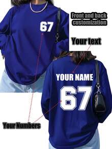 Custom Women's Long Sleeve T-Shirt, Front And Back Can Be Printed With Logo, Name/Text/Lucky Number. Black Loose Fit. Sports - Blue - View 3