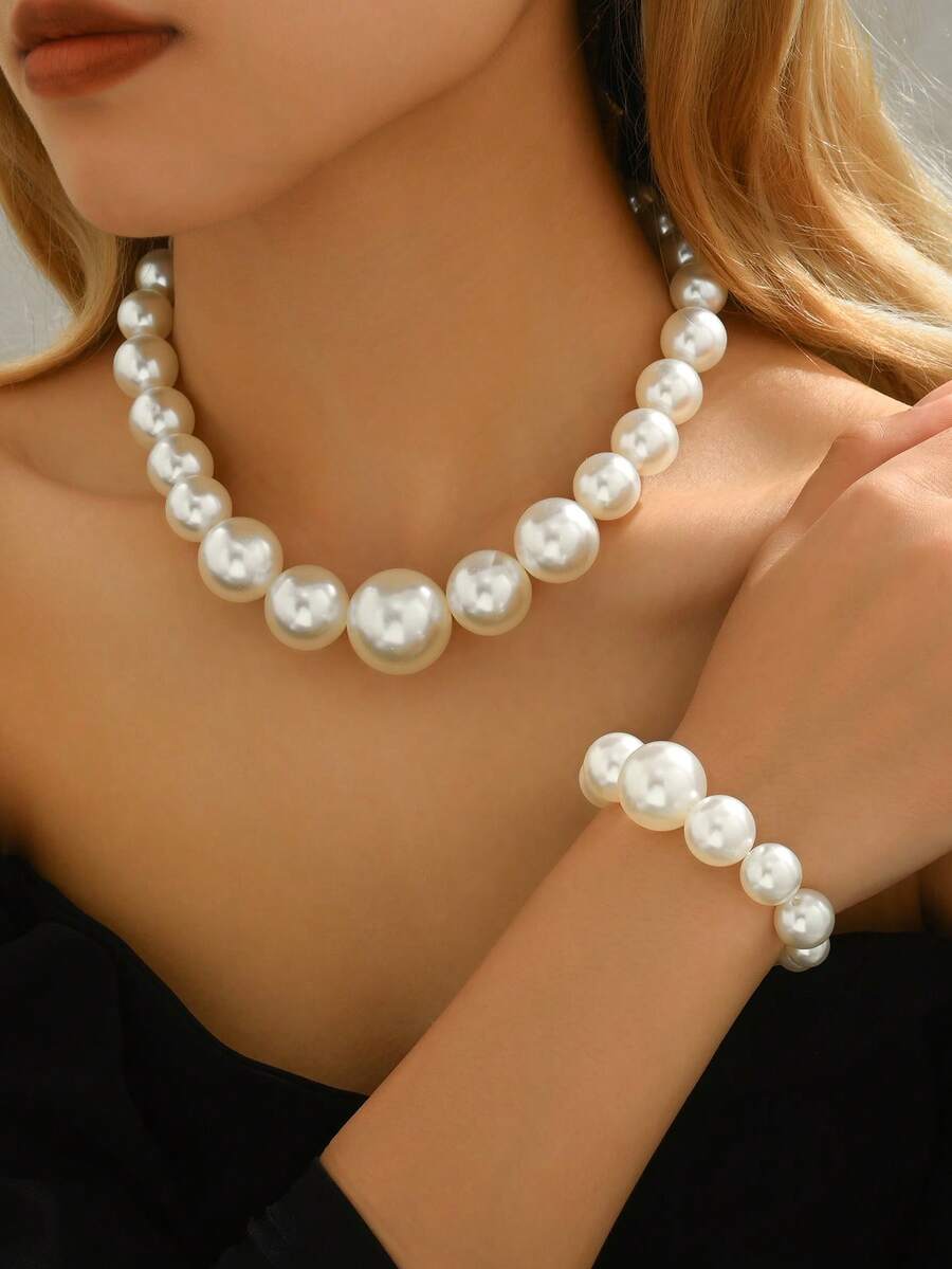 2pcs French Retro Faux Pearl, Exaggerated Large Pearl, Bracelet Necklace Jewelry Set, White Pearl Necklace, Niche Luxury Clavicle Chain Necklace Bracelet