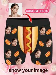 Customized Photo Print Men's Briefs, Personalized Heart Design, Suitable As A Personalized Gift, Funny Customized Style, Boxer Briefs, Customizable Item, Suitable For Daily Wear And Gifting, Also Can Be Given As A Valentine's Day Or Birthday Gift To Boyfriend - Black - View 6