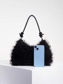 Solid Fluffy Soft Candy Color Satchel Bag, Y2K Style Faux Fur Tote Bags For Ladies, Party Bag, Party Dresses For Women, Winter Fur Purse, Suitable For Commuting, Work, Gatherings, Parties, Perfectly Matching With Fall Outfits Womenfall Clothes For Women, New Arrival Fur Bag For Women - 黑色 - 查看 3