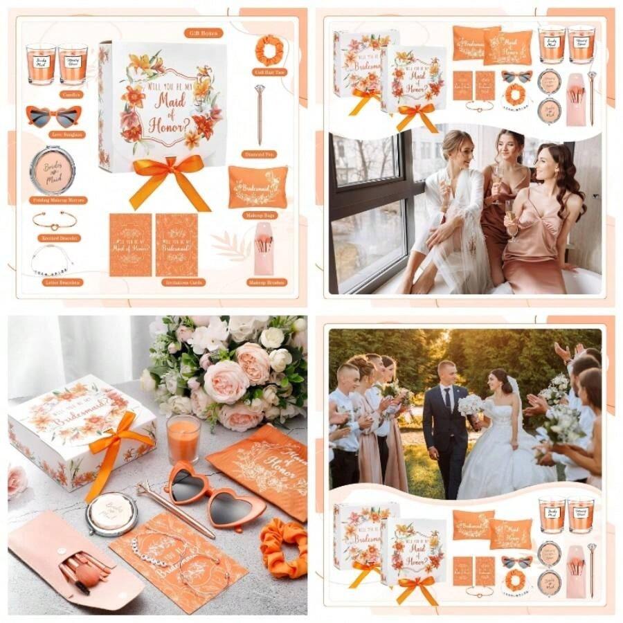 88 Pcs Bridesmaid Proposal Gifts Bridesmaid Box Set Maid Of Include Box Candle Invited Cards Scrunchies Hair Elastics Ties Knotted Bracelets Pens Blue - 橘色 + 漂亮 - 查看 1