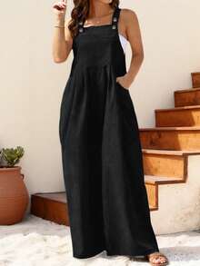 加大码纯色无袖连体裤，带口袋，黑色，秋冬款