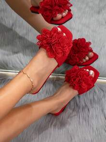 女士休闲时尚百搭户外3D花卉装饰性感露趾纯色平底凉鞋，适合海滩、度假、防滑、舒适、居家穿着 - 紅色 - 查看 3