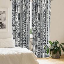 Southwestern Window Curtains Pack Of 2, Monochrome Look Geometric   Stripes Abstract Motifs, Lightweight Set With Rod Pocket, 4 Panels Of - 28\ X 84\, Dark Blue Grey And White - 深藍灰白 - 查看 4