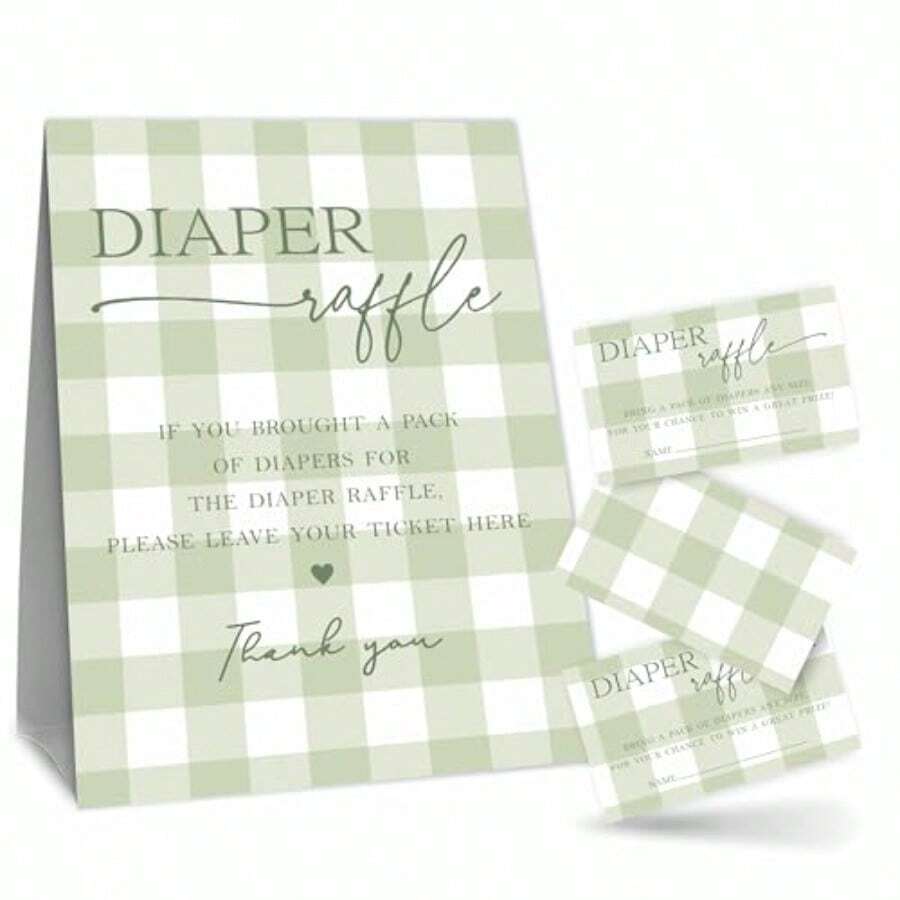 DDiaper Raffle Game Kit - 50 Diaper Raffle Tickets With 1 Standing Sign - Minimalism Green Gingham Diaper Raffle - Baby Shower Gender Neutral Gender Reveal Party Decorations And Plies - A09 - As Pic - View 1
