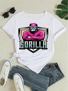 T-shirt à manches courtes pour femmes, col rond décontracté, t-shirt graphique avec imprimé gorille cool, streetwear, coupe ample, Top d'été pour un port quotidien - Blanc - Voir 4