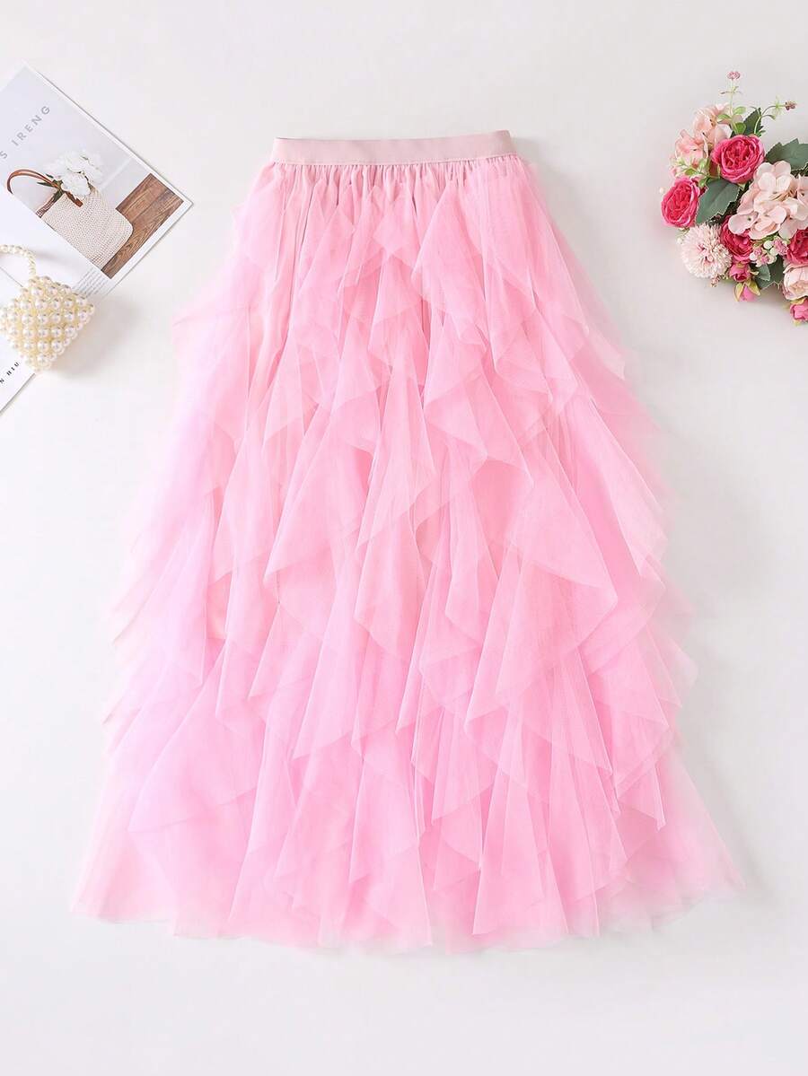 1pc Women's Asymmetrical Layered Ruffle Mesh Tulle Skirt Pink Spring - Pink - View 1