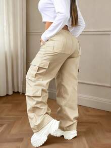 杏色纽扣口袋优雅休闲通勤简约可爱Y2K轻薄大码工装裤，适合万圣节、教师节、毕业典礼、外出、度假、俱乐部、办公室、健身房、海滩、返校、生日派对、下午茶、旅行、乡村音乐节、机场、春季、夏季、秋季、冬季等各种场合。 - 杏色 - 查看 5