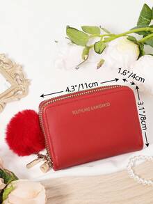 Decorated With A Furry Pom Pom Charm,Double Zipper,Versatile Coin Wallet,Letter Graphic Card Holder Multi-Card Card Organizer For Storage Credit Cards School Supplies For School Dorm Room - Red - View 9