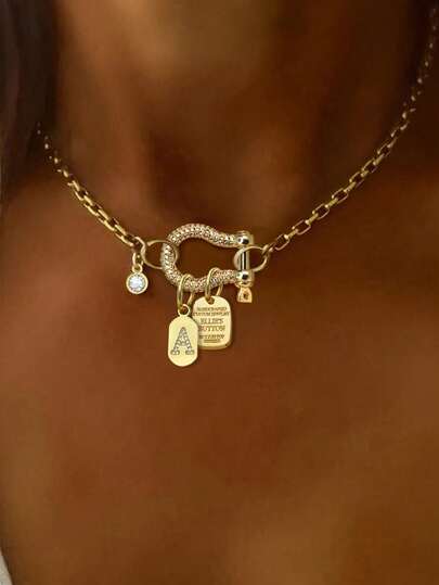 1 PC Gold Letter Necklace, Paired With Diamond-Encrusted Horseshoof Buckle, White Diamond Pendant Necklace, Stainless Steel Chain, Suitable For Work, Daily Life, Parties, Banquets, Dance Party Decoration, Unique And Luxurious Women's Necklace