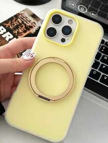 1pc New Fashionable Minimalist Metal Integrated Magnetic Holder 360 Degree Rotation Precise Hole Jelly Silicone Custard Color Suitable Compatible With Apple 17 Pro Max 16 15 Pro Max Dirt-Resistant 14 Shock-Proof 13 Pro/12/11 Unisex Protective Case - Yellow - View 2