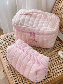 Pink Striped Quilted Makeup Bag Portable Storage Bag With Zipper Handheld Bag Travel Washbag Large Opening Zipper Design Makeup Bag - Pink - View 12