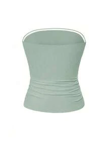 Vaiaye 女士无缝无肩带纯色弹力修身吊带背心，时尚无肩带基础款背心，适合春夏穿着 - 豆綠色 - 查看 4