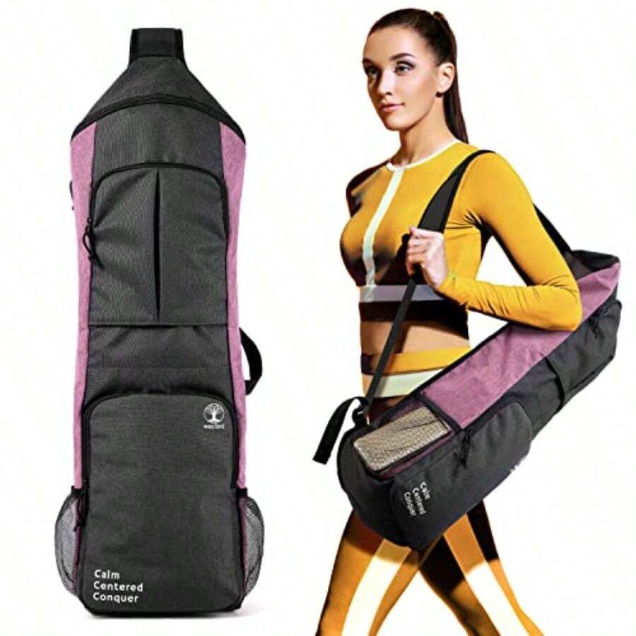 Bolsas de yoga para mujeres y hombres se adapta a alfombrilla de 1/2 pulgadas de grosor mochila de yoga de viaje con soporte para alfombras bolsillos grandes para accesorios y botellas - Prpura - Ver 1