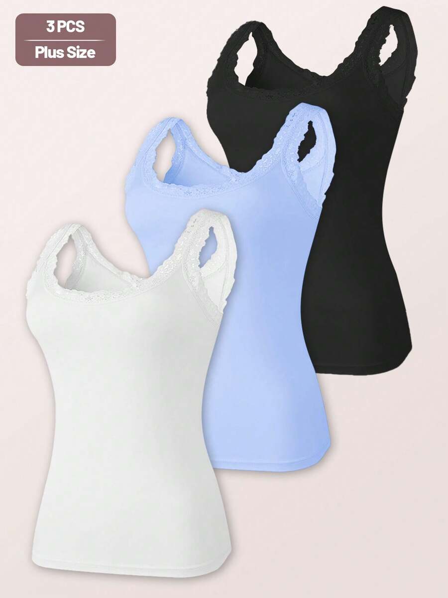 3 Stücke/Set Damen Große Größen Spitzenbesatz Dekor Rundhals Ärmellos Camisole Patchwork Weste Trägershirt - Verschiedenfarbig - Übersicht 1