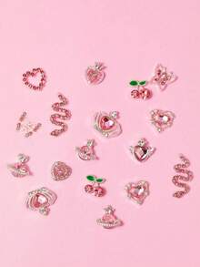 60件粉色心形美甲装饰品，粉色和银色奢华合金材质，款式包括蝴蝶、樱桃、星球、皇冠、3D粉色美甲水钻、银色美甲水晶钻，美甲用品 - 淺粉色 - 查看 5