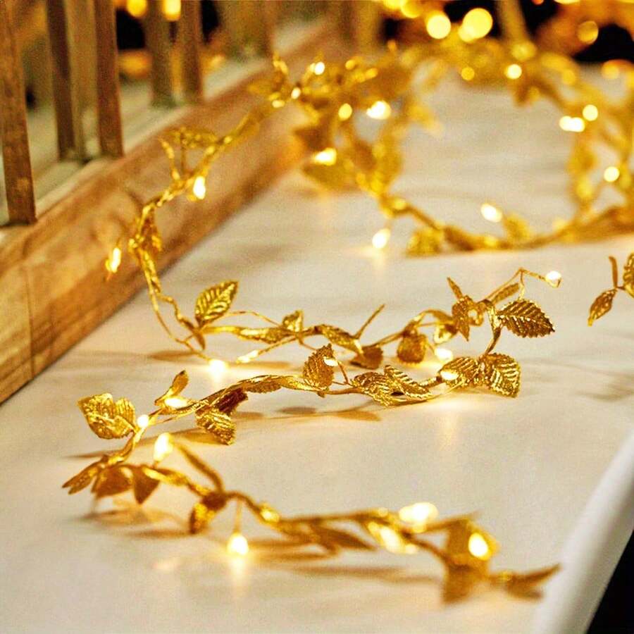 1 Set 3.2/6.5/9.6/16.4 Ft Artificial Gold Leaf Fairy String Lights, Battery Powered Copper Wire Decorative Lights, Suitable For Home Decor, Living Room Wall Decor, Birthday, Party, Wedding, Outdoor Yard Garden Fence Decoration - 金色 - 查看 1