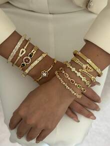 14K Gold Plated Rhinestone Embellished Minimalist Luxurious Bracelet & Bangle Set - Gold - View 4