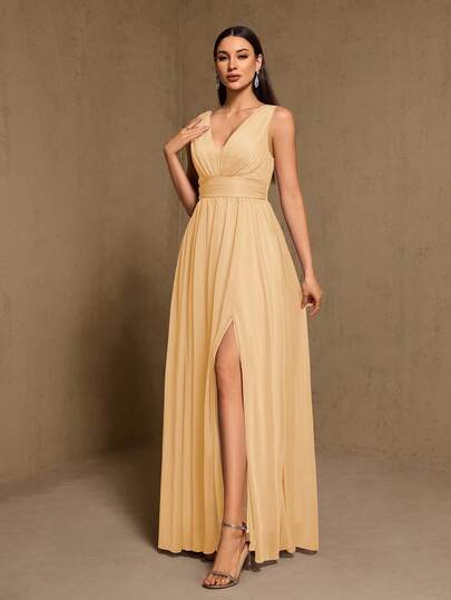 V-Neck Sleeveless Chiffon A-Line Bridesmaid Dress, Elegant Party Dress, Wedding Guest Dress, Birthday Dress, Graduation Ceremony, Banquet, Carnival Outfit