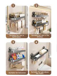 1pc Wall-Mounted Shower Caddy (With Suction Cups), With Towel Hooks, Space-Saving Bathroom Organizer For Shampoo, Soap, And Toiletries, Bathroom Shelf And Storage Box, Bathroom Tray