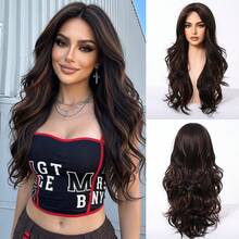 24英寸长波浪卷发黑色和棕色渐变假发，带侧刘海，合成纤维，自然波浪纹理，适合日常、派对、节日和角色扮演，女士发型假发 - 棕色 - 查看 12