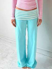 Fold Over Yoga Pants For Women Y2K Striped Low Rise Wide Leg Leggings Sweatpants Cozy Stretchy Foldover Lounge Pants Going Out Clothes - 藍色 - 查看 2