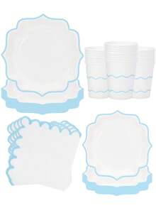 10pcs/50pcs/80pcs Light Blue Party Tableware Set, White & Blue Rimmed, Scalloped Paper Plates, Cups And Napkins, Baby Blue Boy Baby Shower Party Decorations, Includes Baby Blue Scalloped Paper Plates, Napkins And Cups, Suitable For Bridal Shower, Wedding, Birthday, Gender Reveal Party Supplies - Blue - View 1