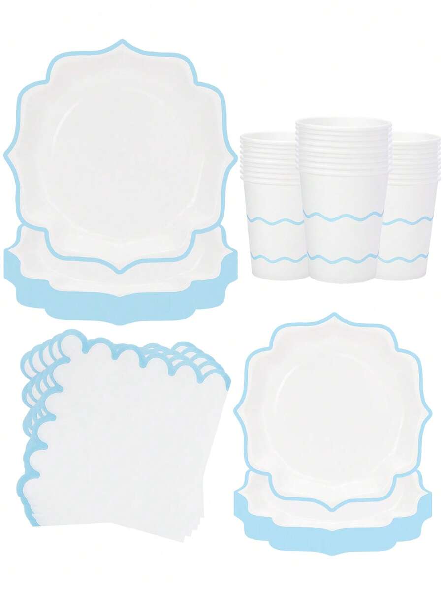 10pcs/50pcs/80pcs Light Blue Party Tableware Set, White & Blue Rimmed, Scalloped Paper Plates, Cups And Napkins, Baby Blue Boy Baby Shower Party Decorations, Includes Baby Blue Scalloped Paper Plates, Napkins And Cups, Suitable For Bridal Shower, Wedding, Birthday, Gender Reveal Party Supplies - Blue - View 1