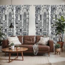 Southwestern Window Curtains Pack Of 2, Monochrome Look Geometric   Stripes Abstract Motifs, Lightweight Set With Rod Pocket, 4 Panels Of - 28\ X 84\, Dark Blue Grey And White - 深藍灰白 - 查看 3